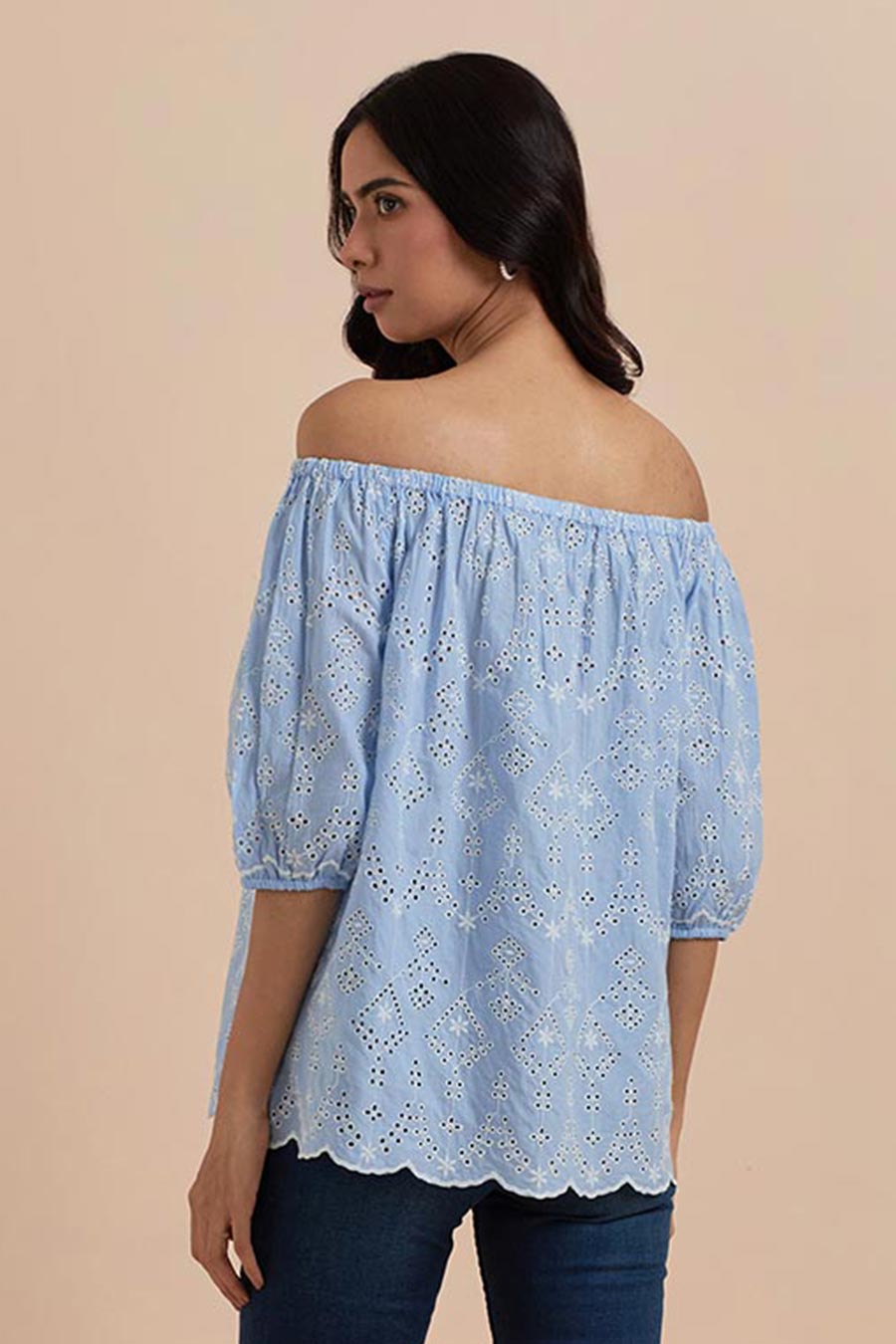 Blue Off-Shoulder Embroidered Top