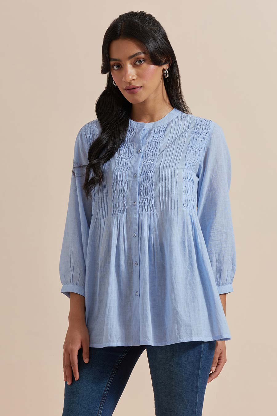 Blue Cotton Pleated Top