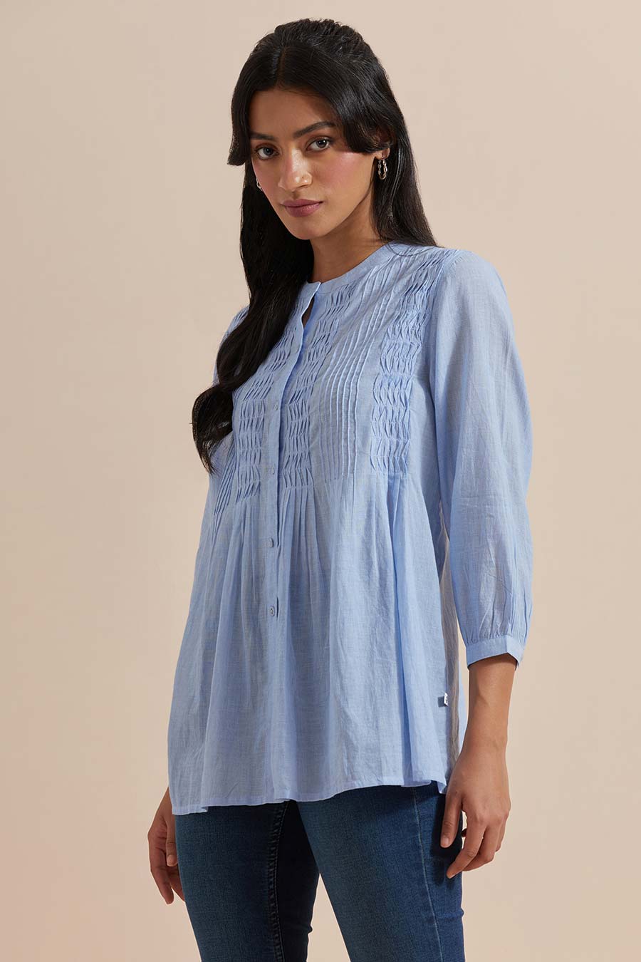 Blue Cotton Pleated Top