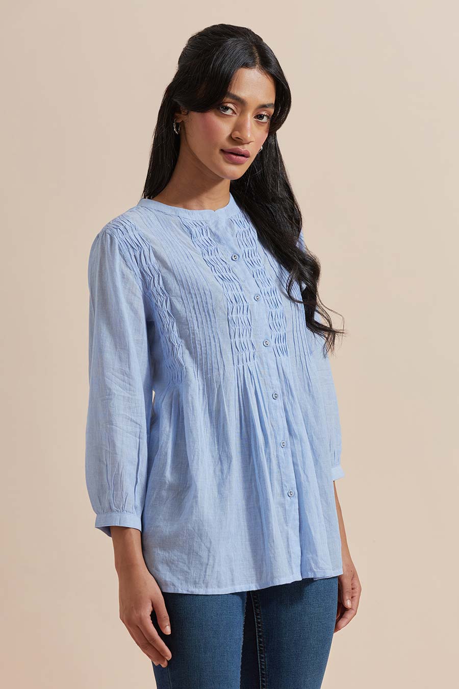 Blue Cotton Pleated Top