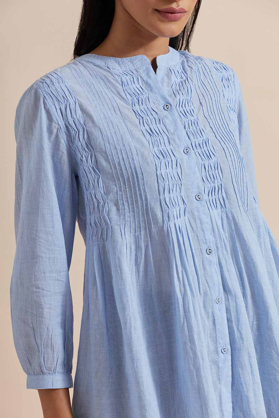 Blue Cotton Pleated Top