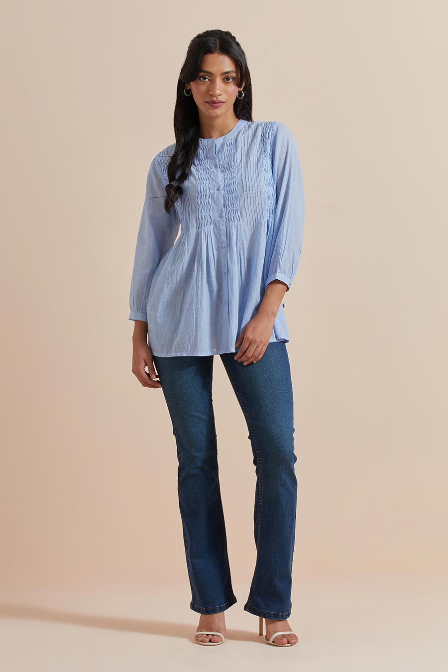 Blue Cotton Pleated Top