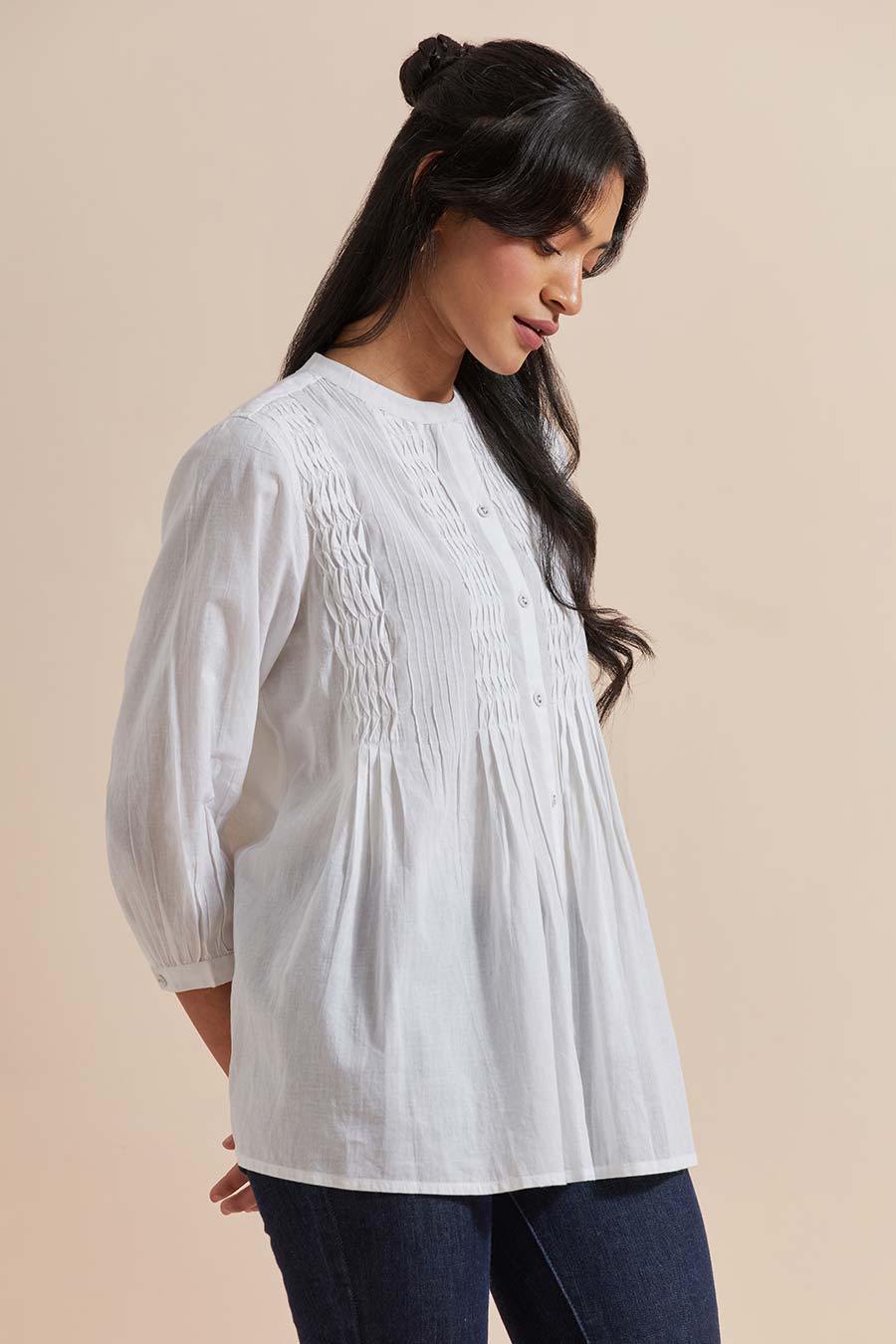 White Cotton Pleated Top