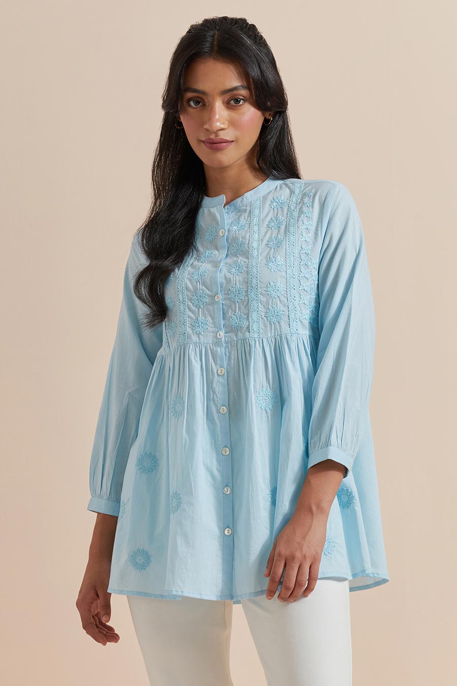 Blue Cotton Embroidered Top