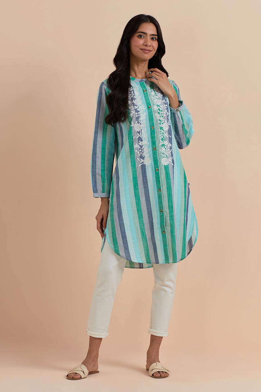 Green Stripe Embroidered Long Tunic
