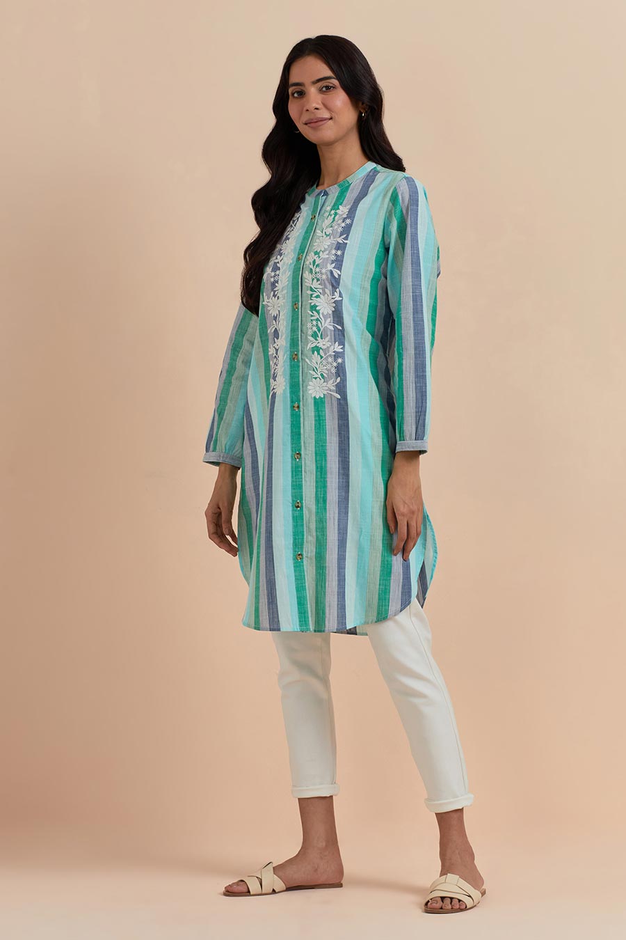 Green Stripe Embroidered Long Tunic