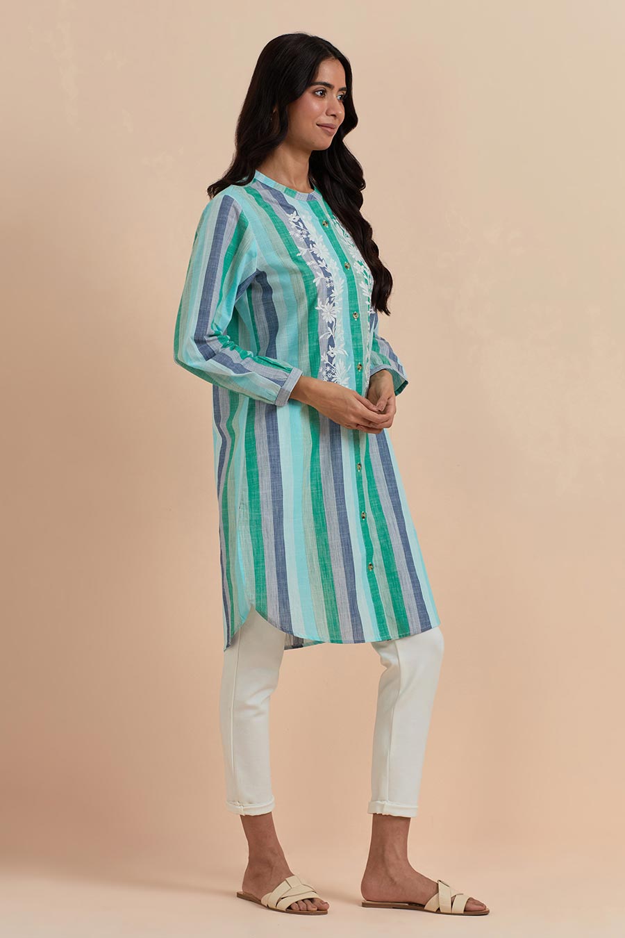 Green Stripe Embroidered Long Tunic