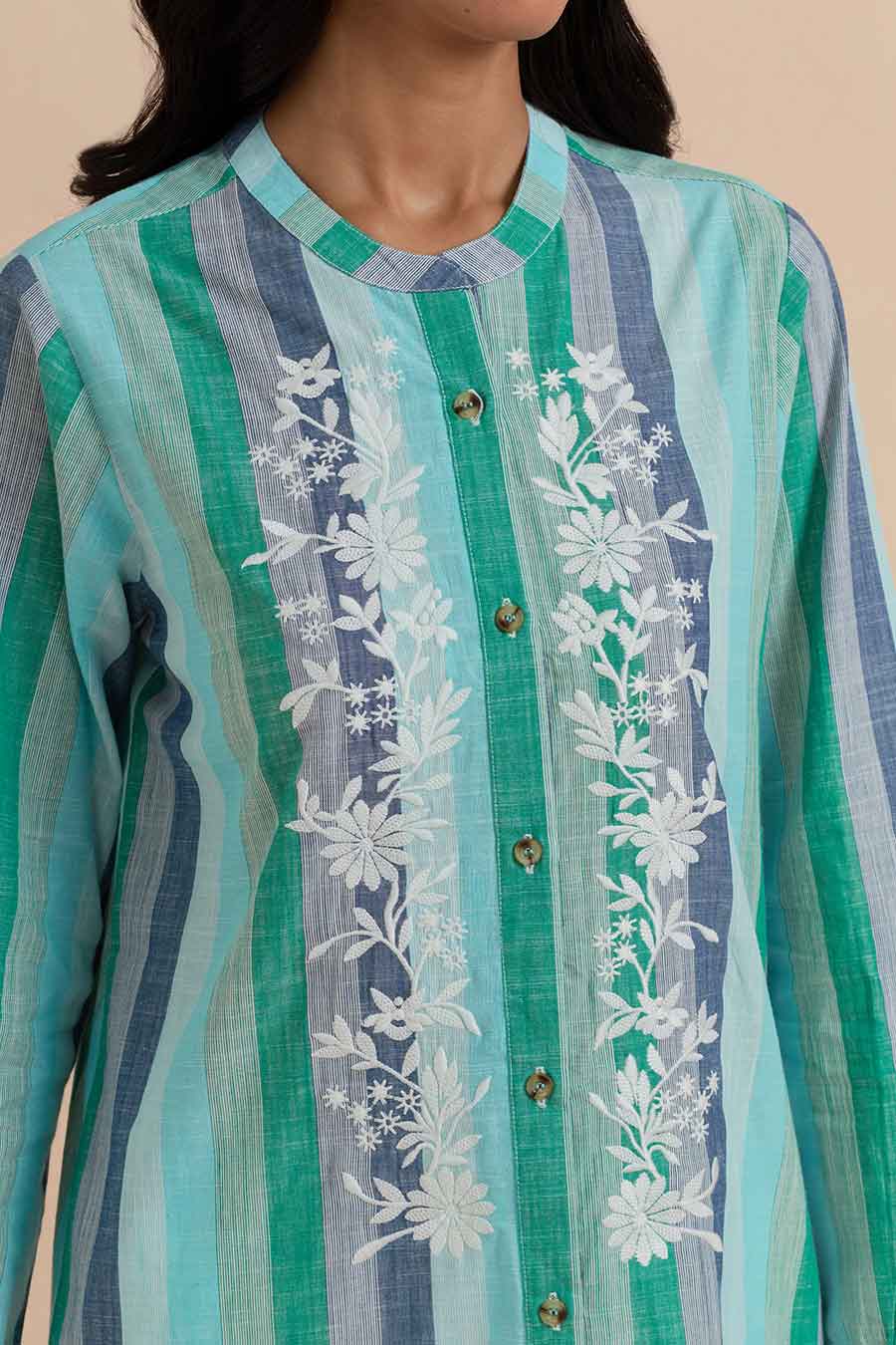 Green Stripe Embroidered Long Tunic