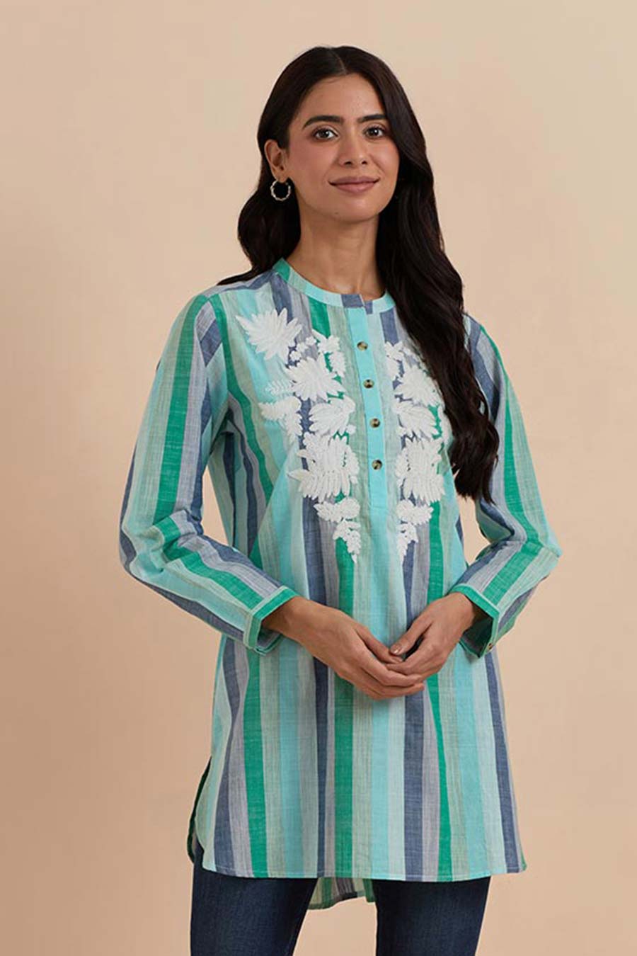 Green Stripe Embroidered Short Tunic