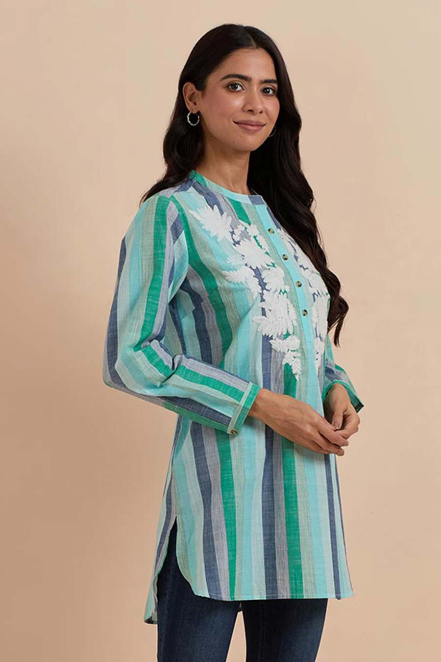Green Stripe Embroidered Short Tunic