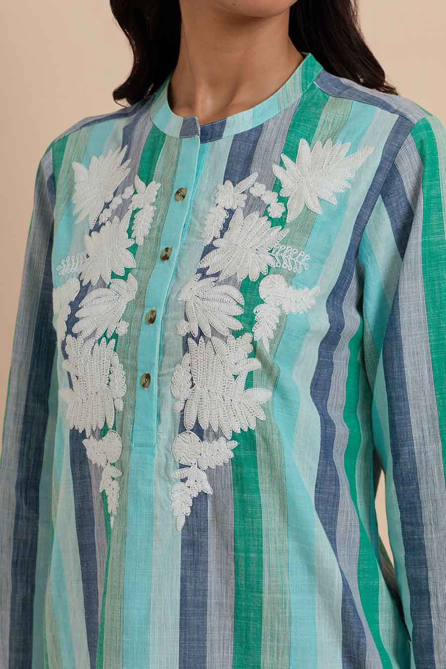 Green Stripe Embroidered Short Tunic
