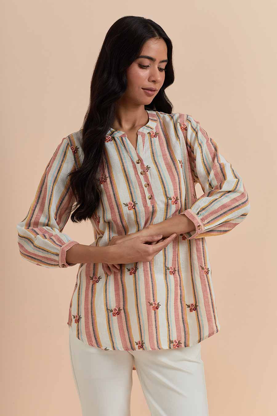 Multicolour Stripe Cotton Embroidered Top