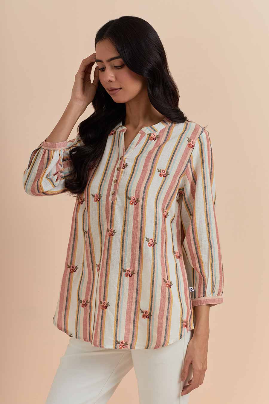 Multicolour Stripe Cotton Embroidered Top