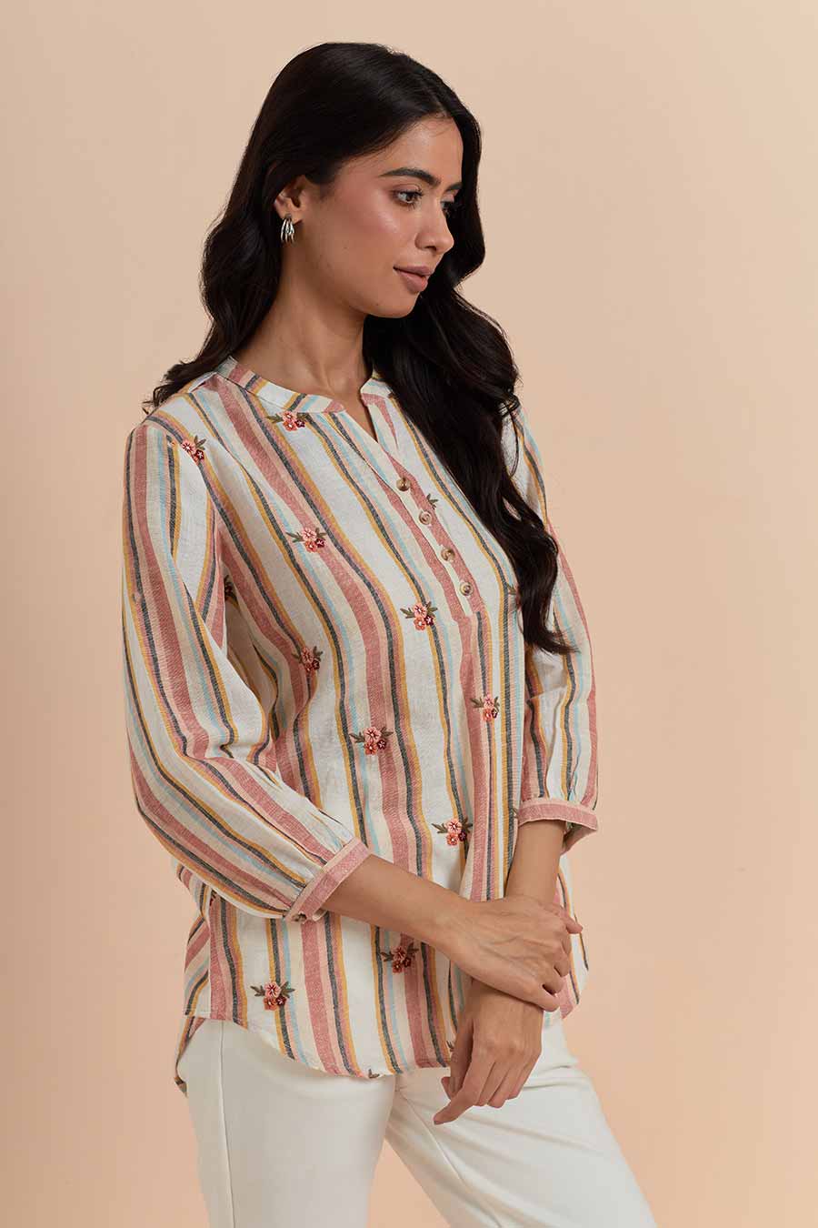 Multicolour Stripe Cotton Embroidered Top