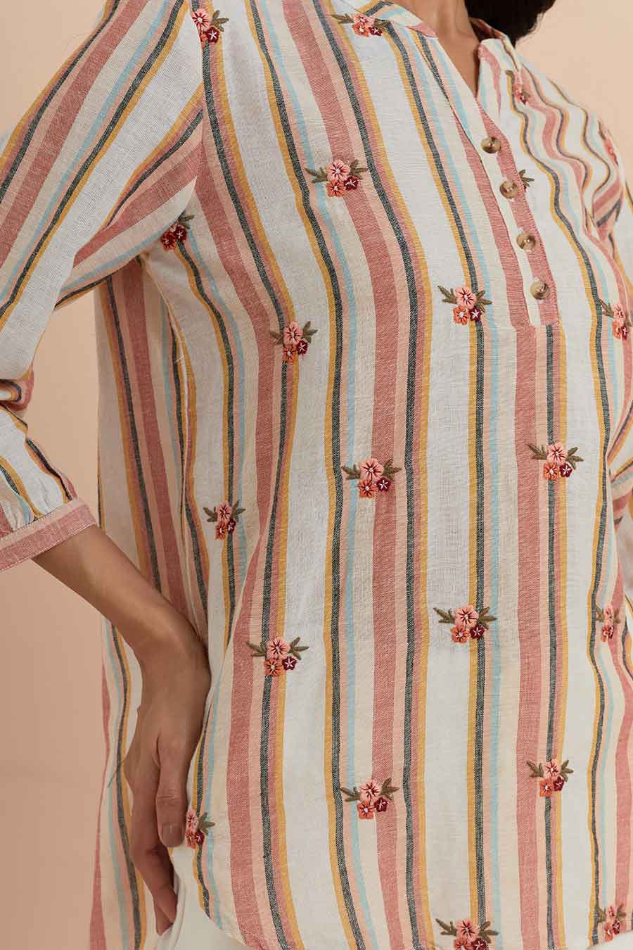 Multicolour Stripe Cotton Embroidered Top