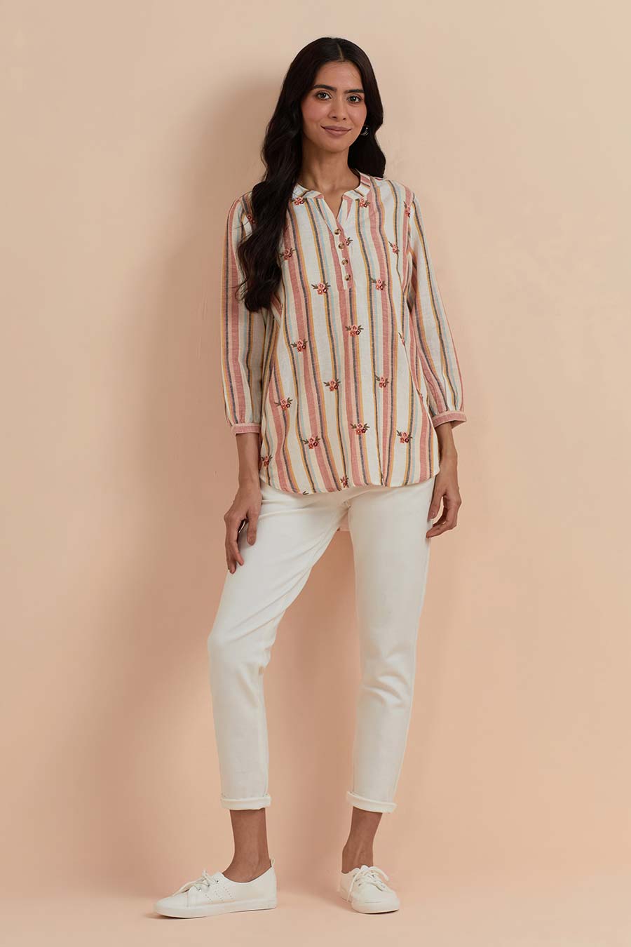 Multicolour Stripe Cotton Embroidered Top