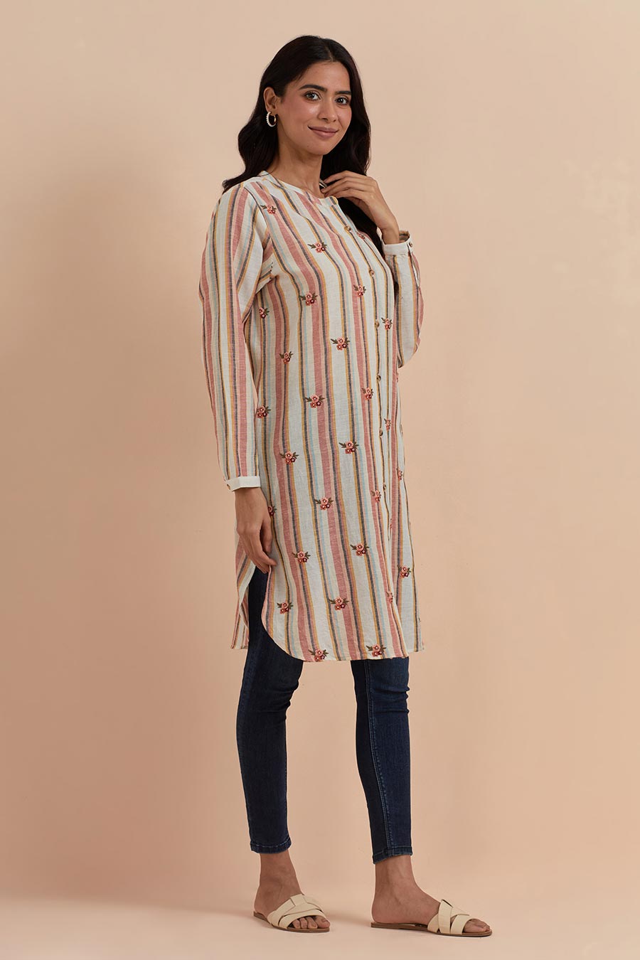 Multicolour Stripe Embroidered Long Tunic