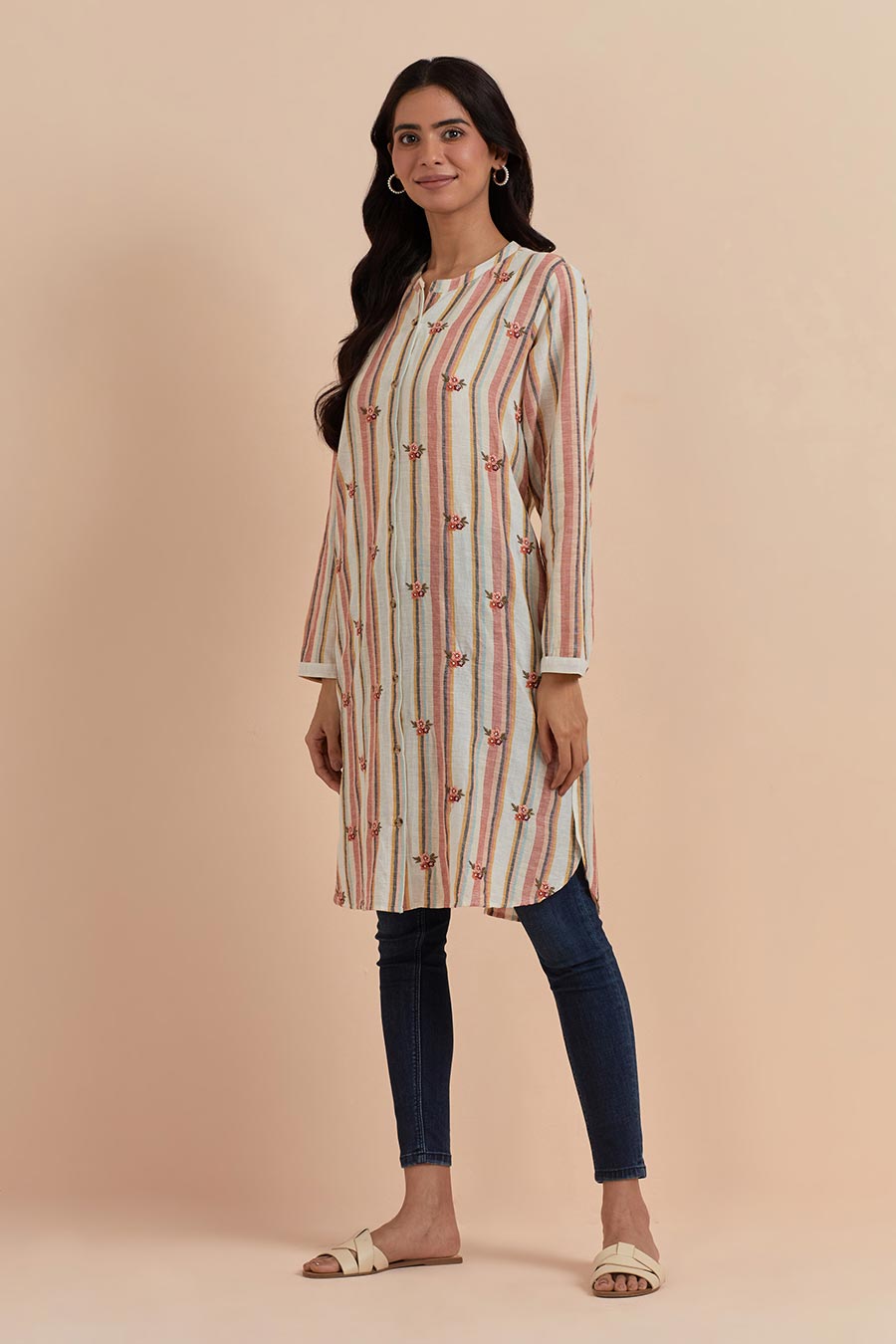 Multicolour Stripe Embroidered Long Tunic