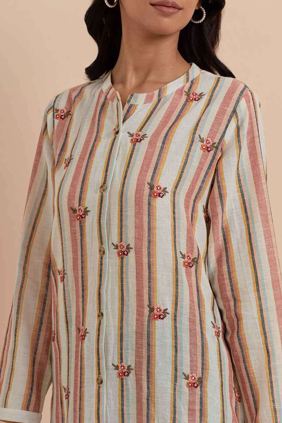 Multicolour Stripe Embroidered Long Tunic
