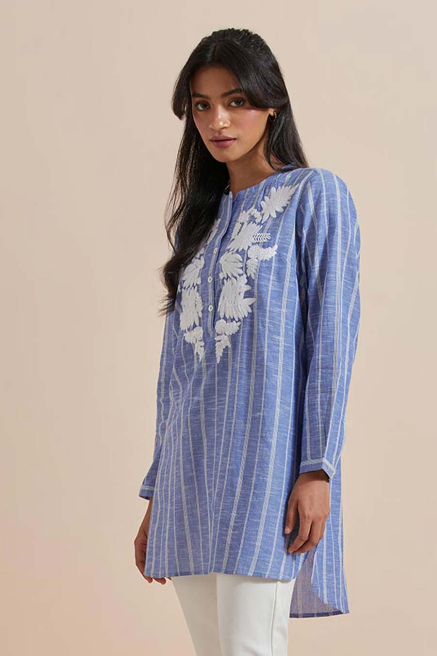 Blue Stripe Cotton Embroidered Tunic