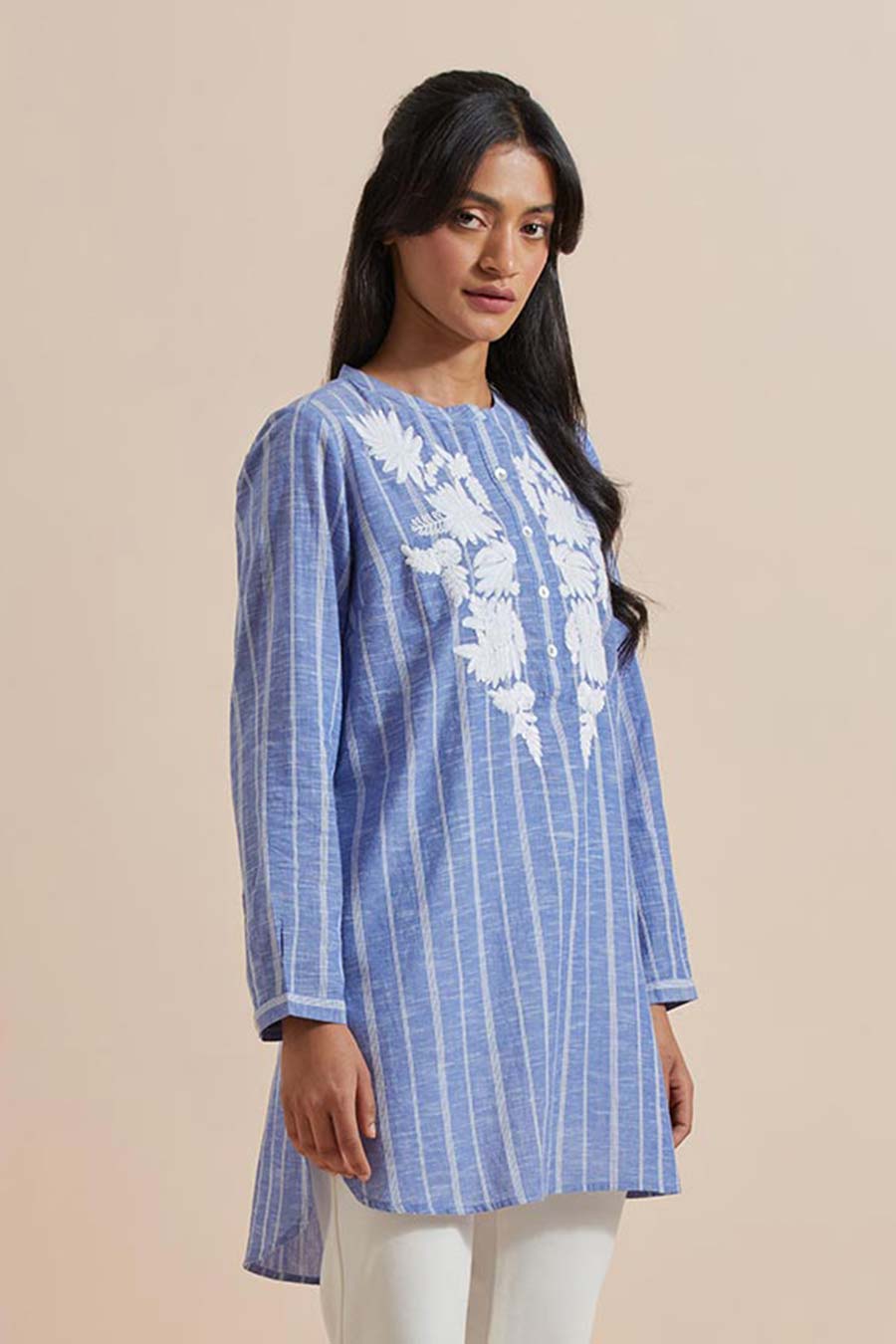 Blue Stripe Cotton Embroidered Tunic