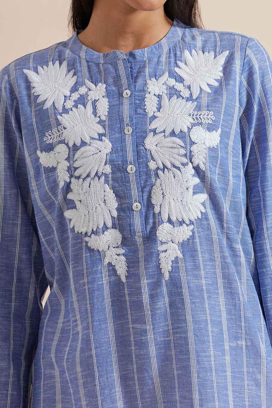 Blue Stripe Cotton Embroidered Tunic