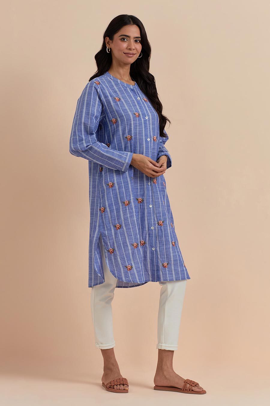 Blue Stripe Embroidered Long Tunic