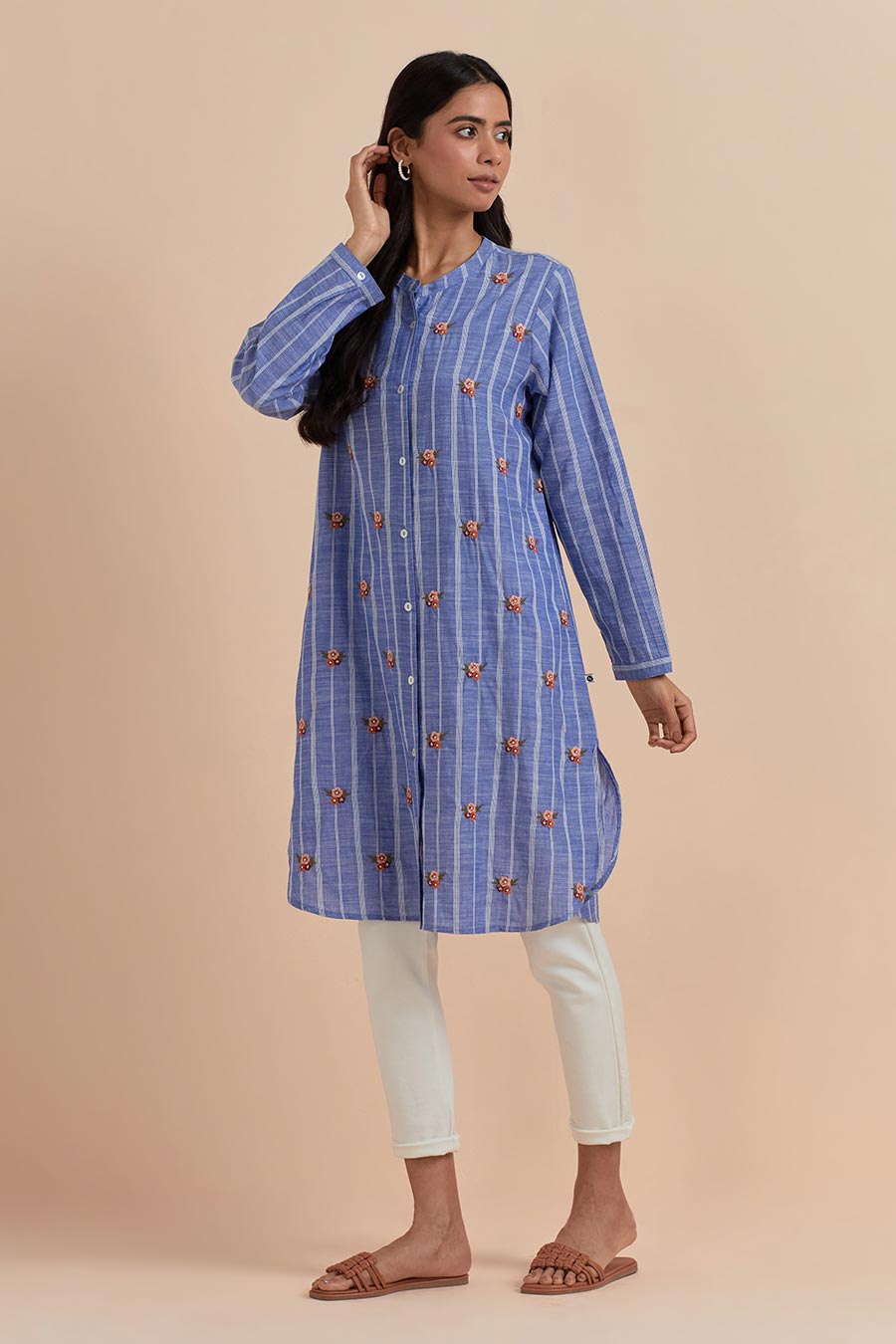 Blue Stripe Embroidered Long Tunic
