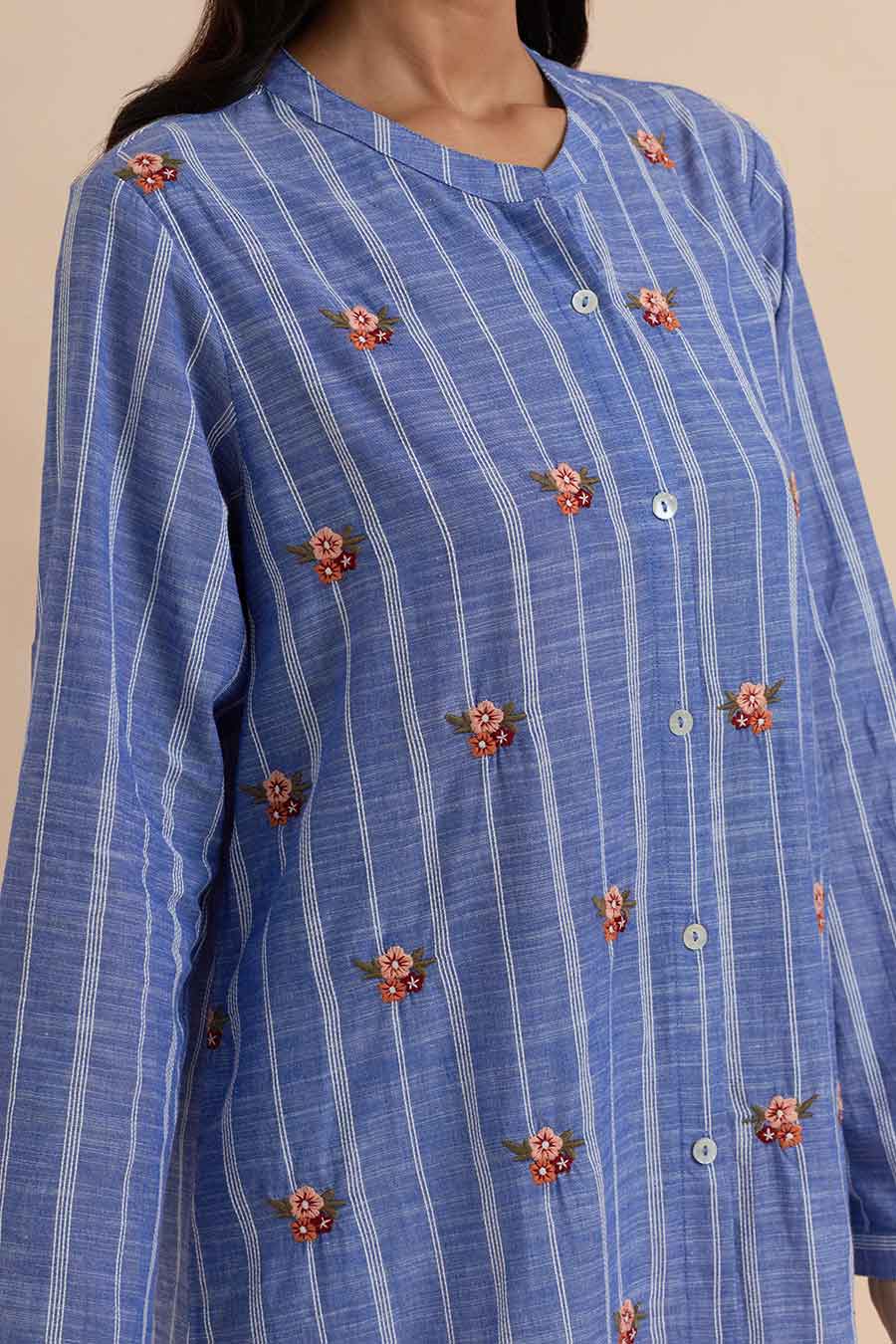 Blue Stripe Embroidered Long Tunic