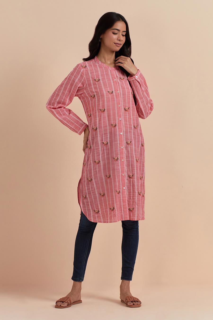 Pink Stripe Embroidered Long Tunic
