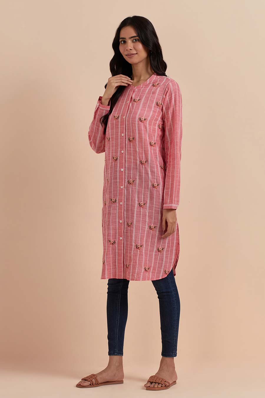 Pink Stripe Embroidered Long Tunic