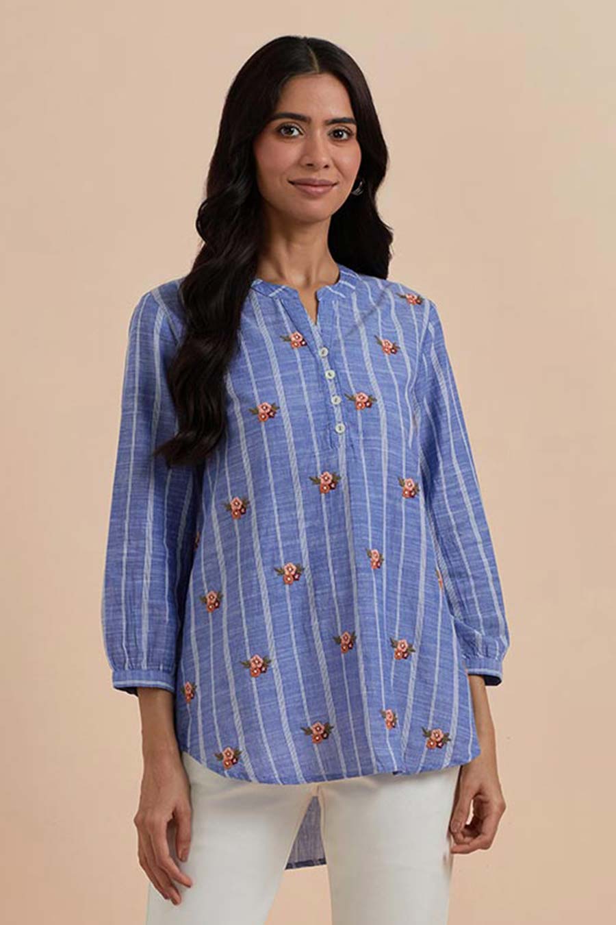 Blue Stripe Cotton Embroidered Top