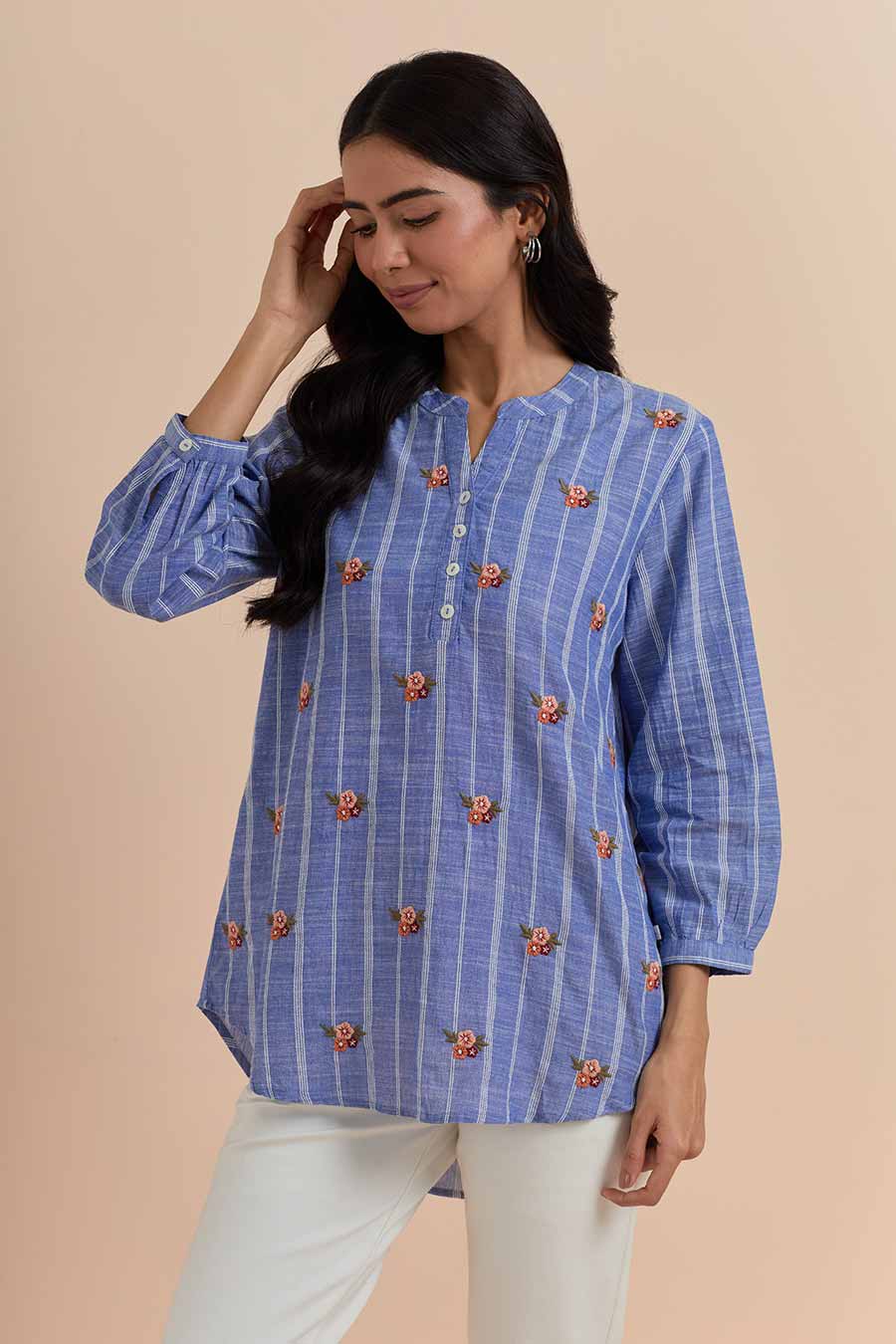 Blue Stripe Cotton Embroidered Top