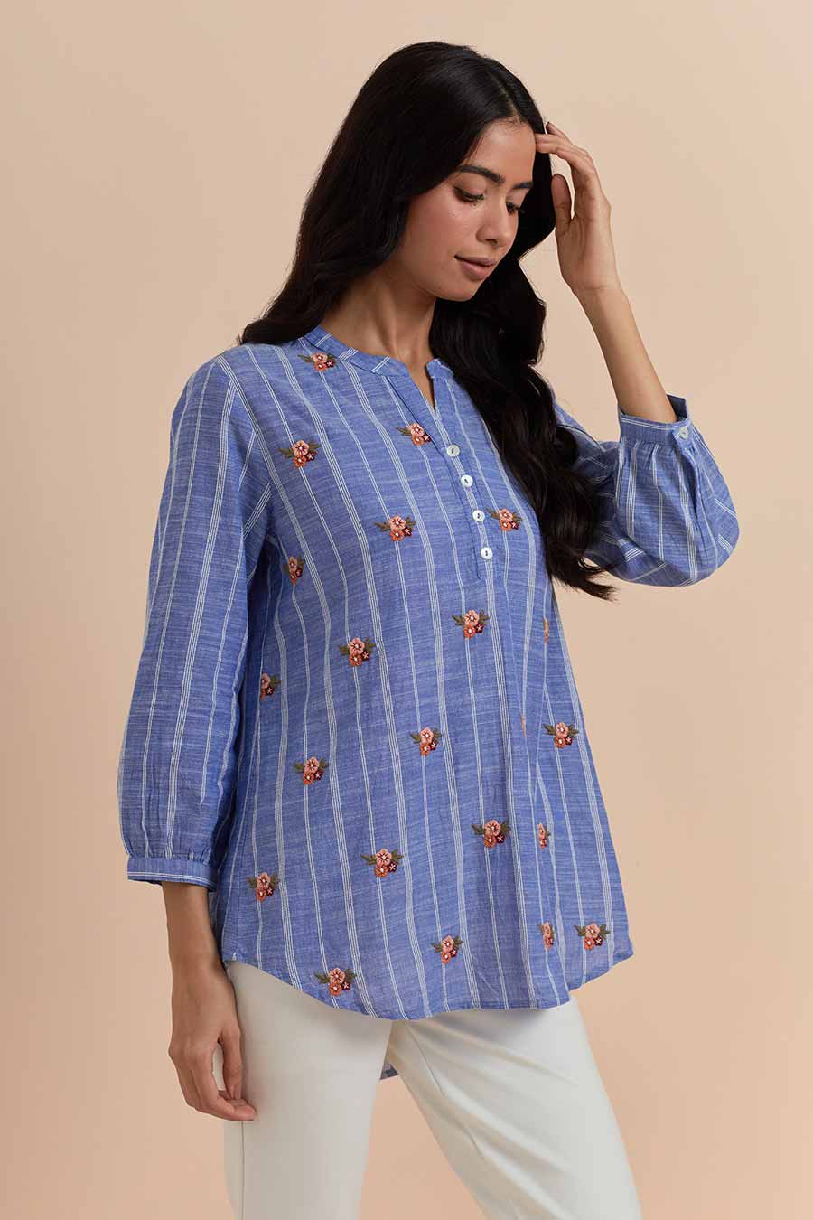 Blue Stripe Cotton Embroidered Top