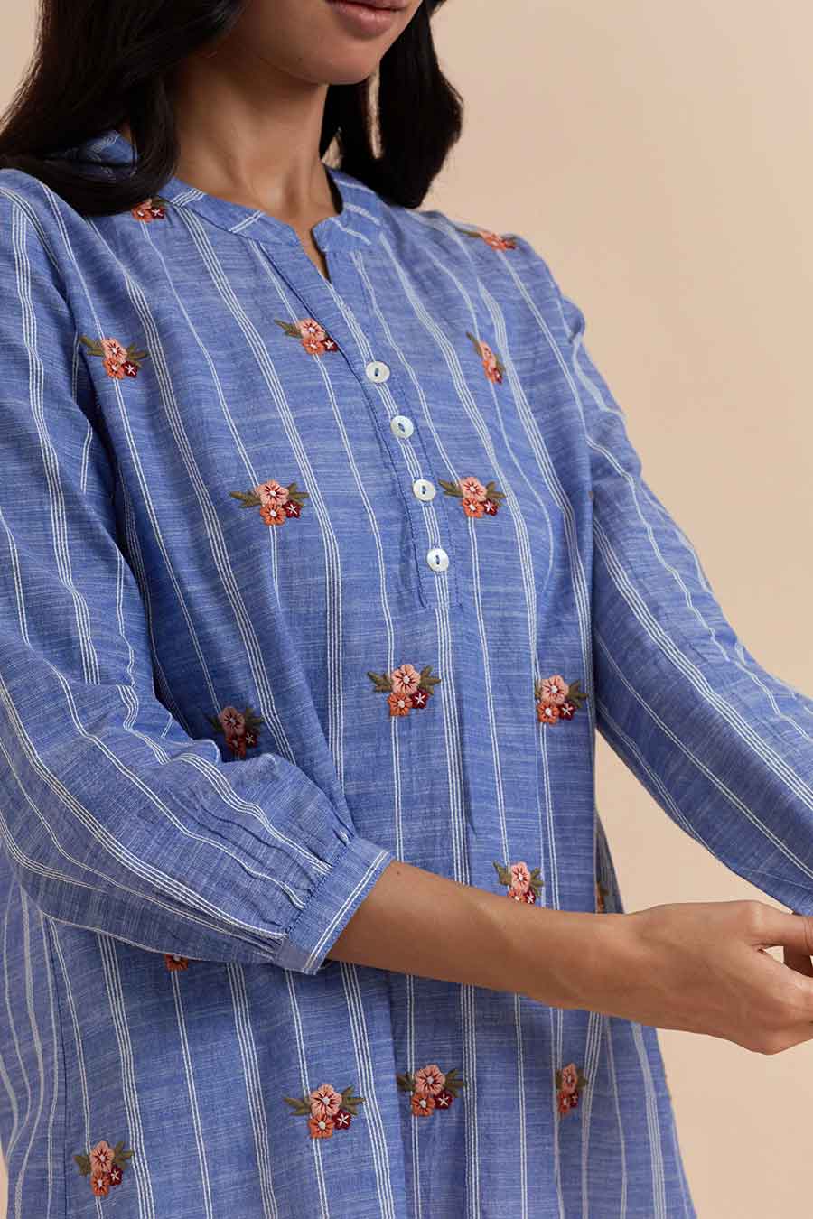 Blue Stripe Cotton Embroidered Top