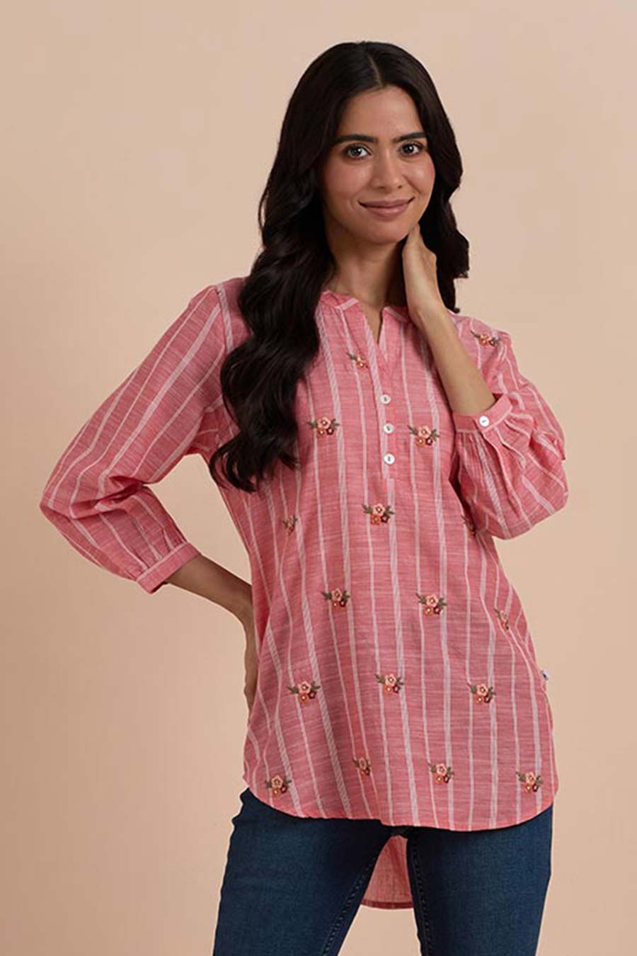 Pink Stripe Cotton Embroidered Top