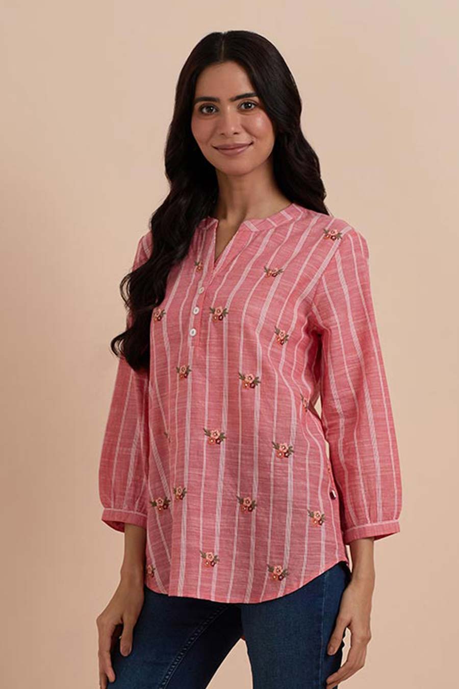 Pink Stripe Cotton Embroidered Top