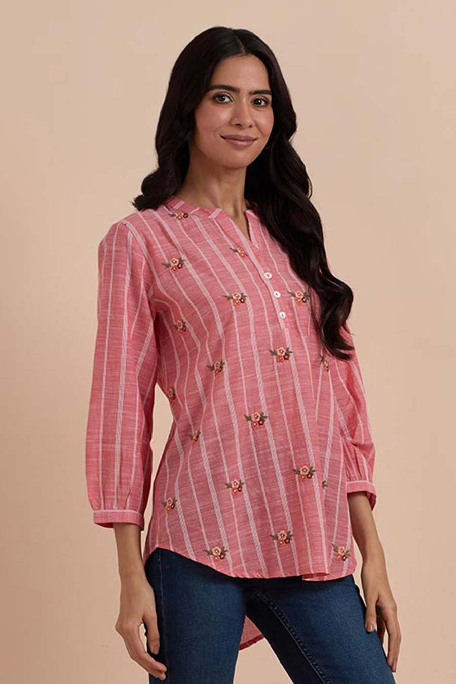 Pink Stripe Cotton Embroidered Top