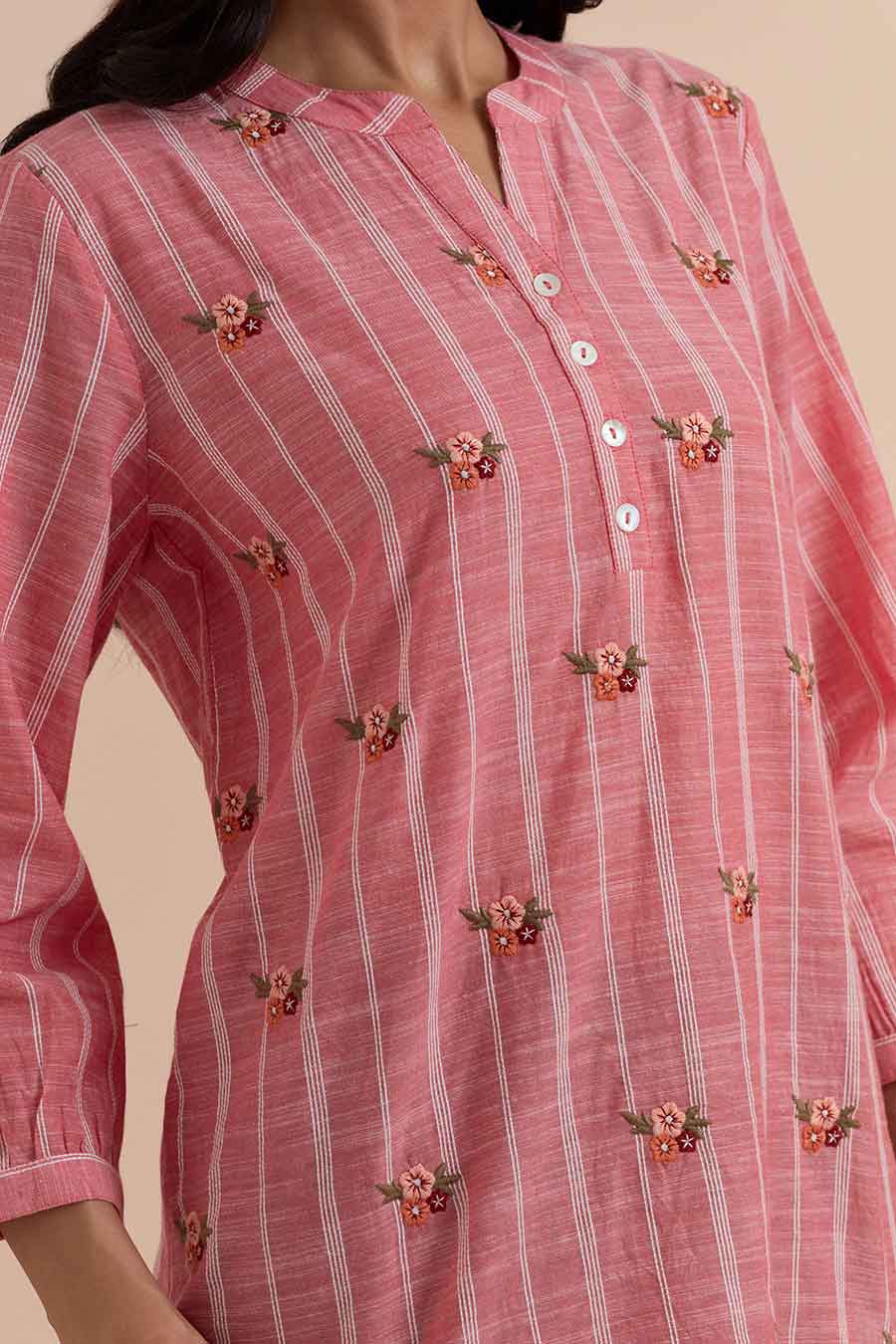 Pink Stripe Cotton Embroidered Top