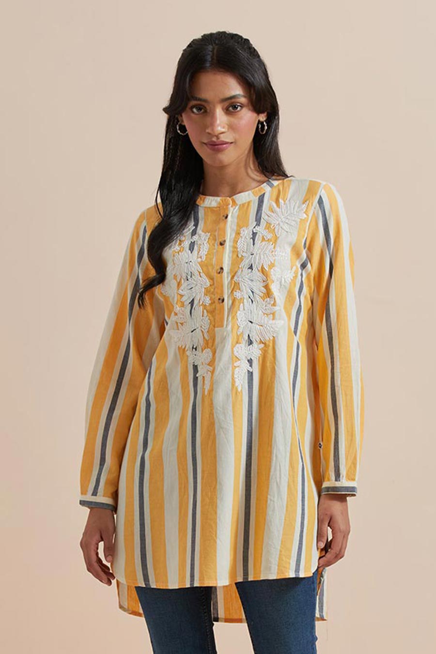 Yellow Stripe Cotton Embroidered Top