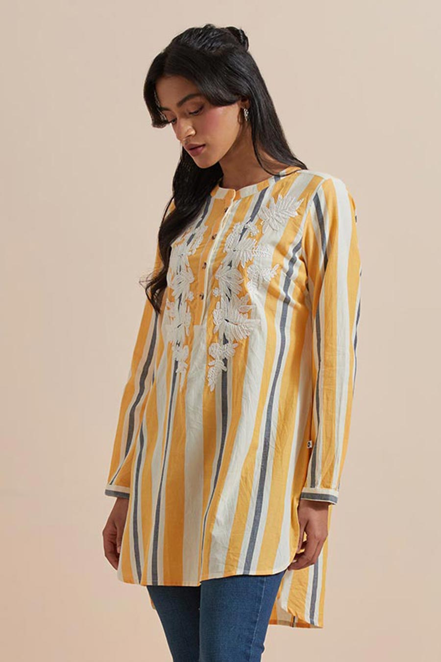 Yellow Stripe Cotton Embroidered Top