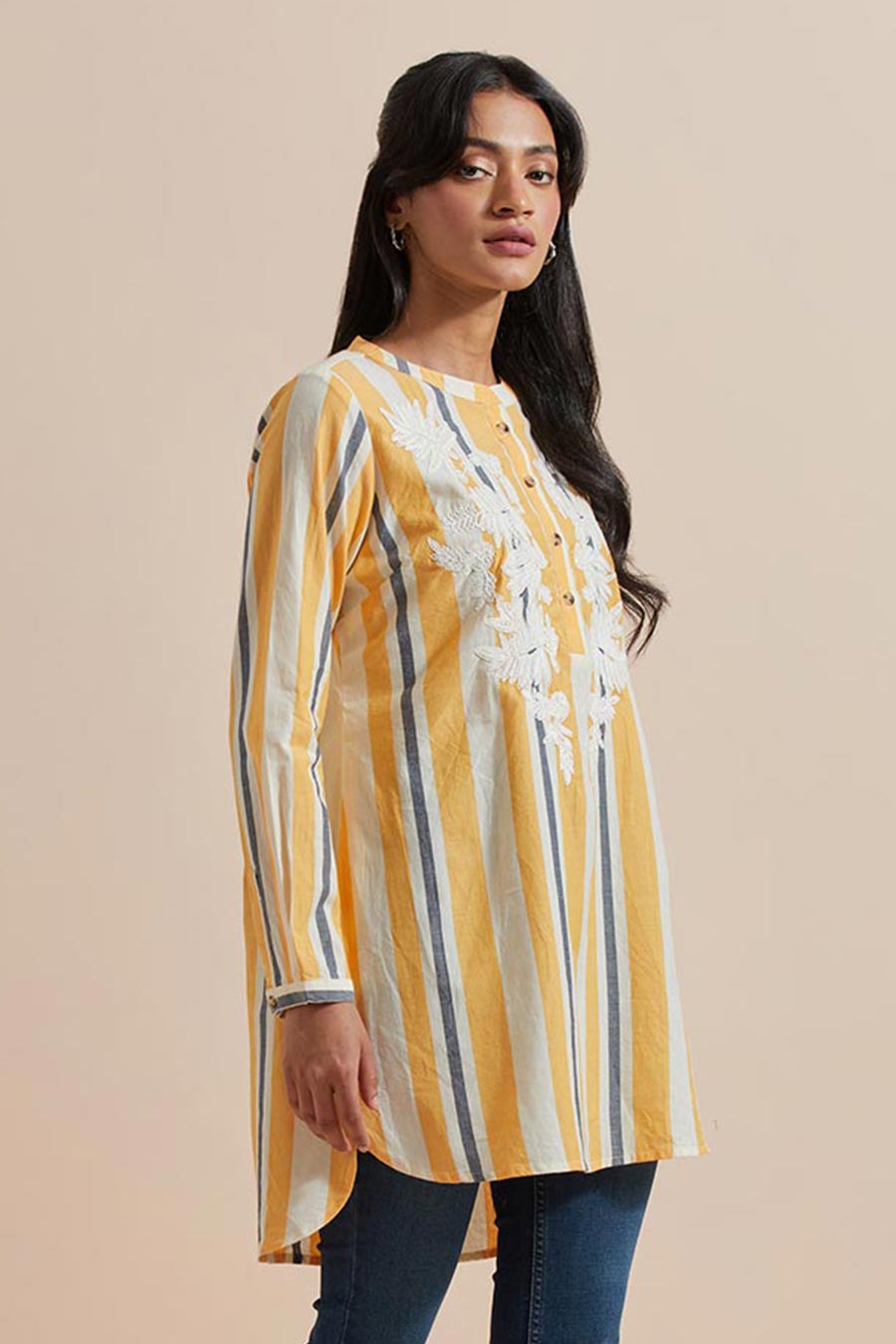 Yellow Stripe Cotton Embroidered Top