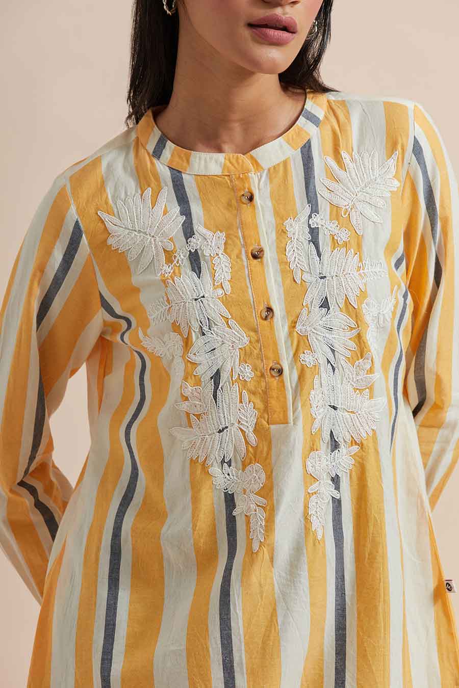 Yellow Stripe Cotton Embroidered Top