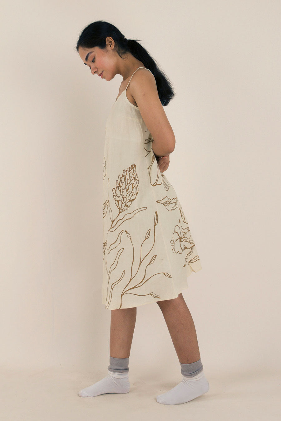 Beige Hand-Painted Cotton Dress
