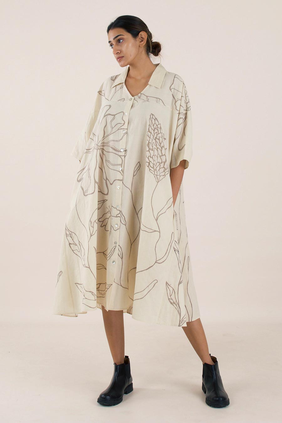 Beige Hand-Painted Shirt Dress