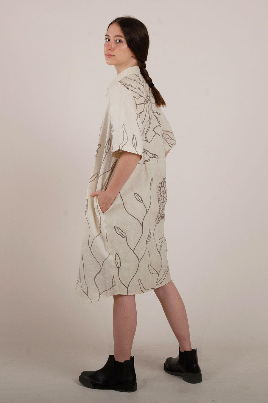 Beige Hand-Painted Shirt Dress