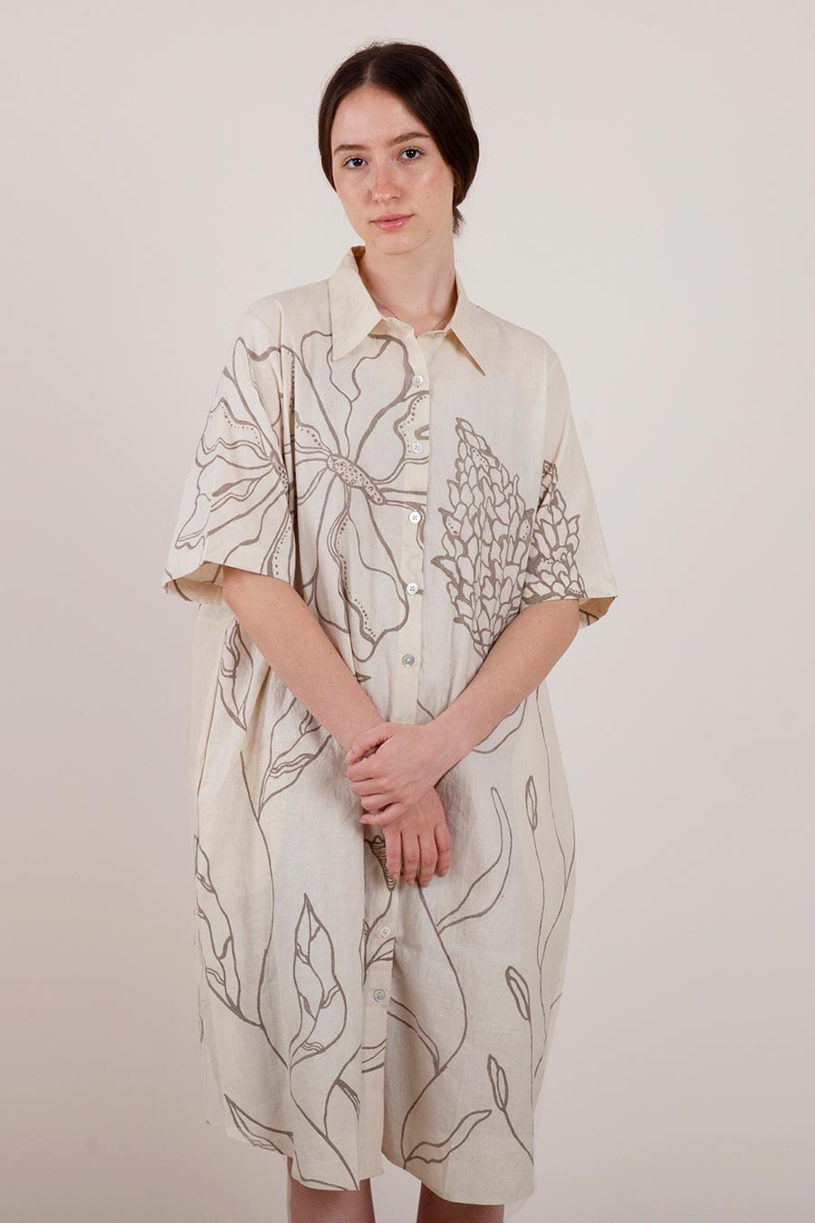 Beige Hand-Painted Shirt Dress