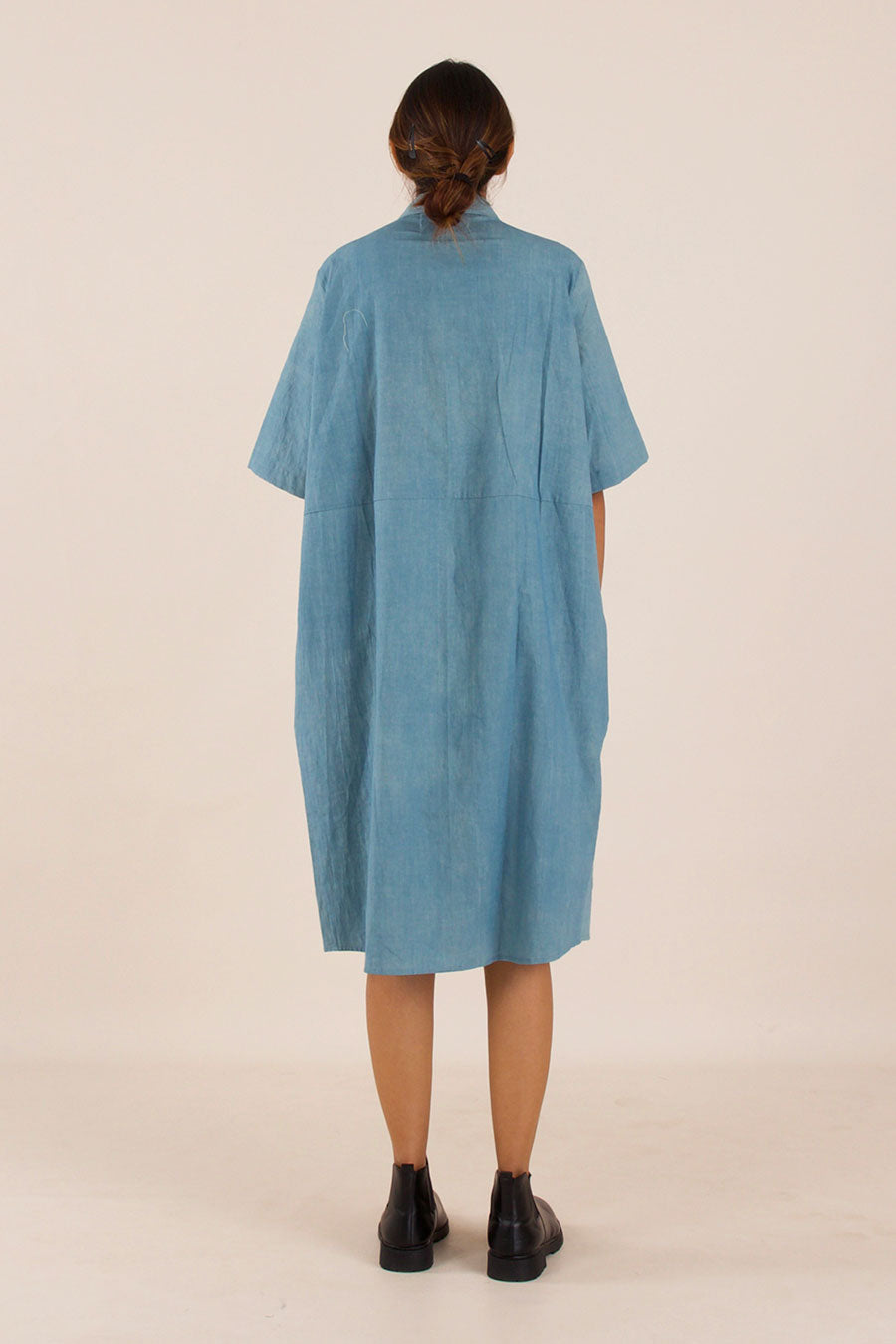 Blue Cotton Midi Shirt Dress