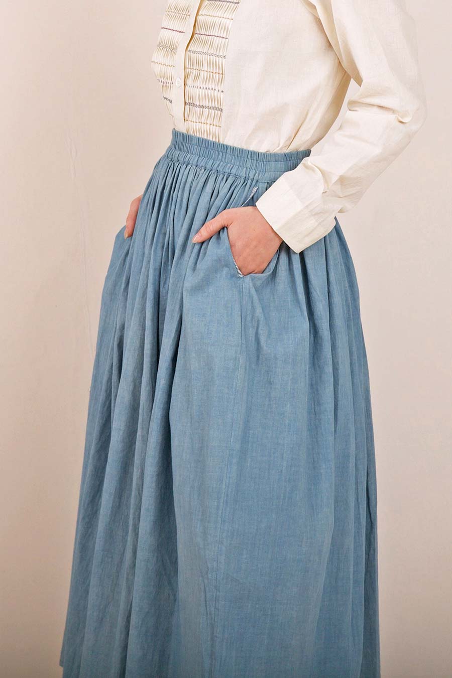Blue Cotton Gathered Skirt