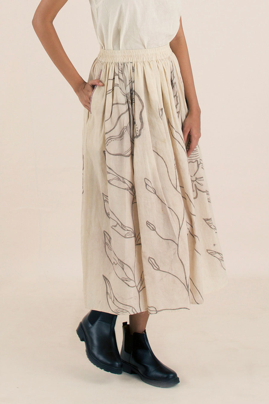 Beige Hand-Painted Gathered Skirt